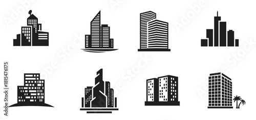 buildings icons set black on a white background