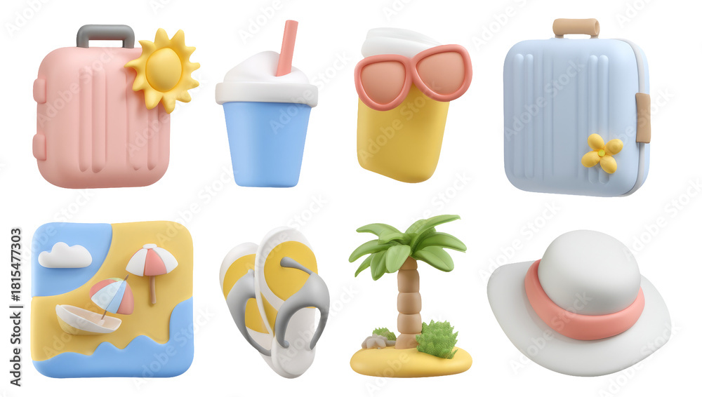 Obraz premium Soft 3D Pastel Illustrations of Travel Essentials for Vacation and Holiday Planning