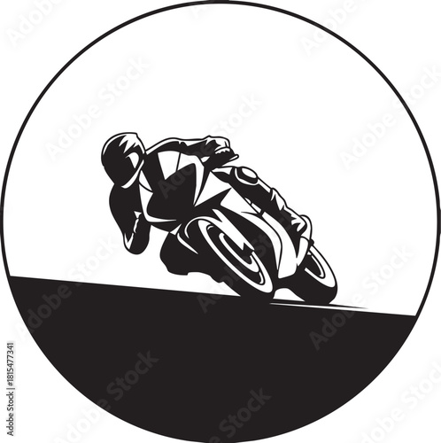 A stylized black and white illustration of a motorcycle racer in a deep lean, captured within a circular frame, emphasizing speed and motion.