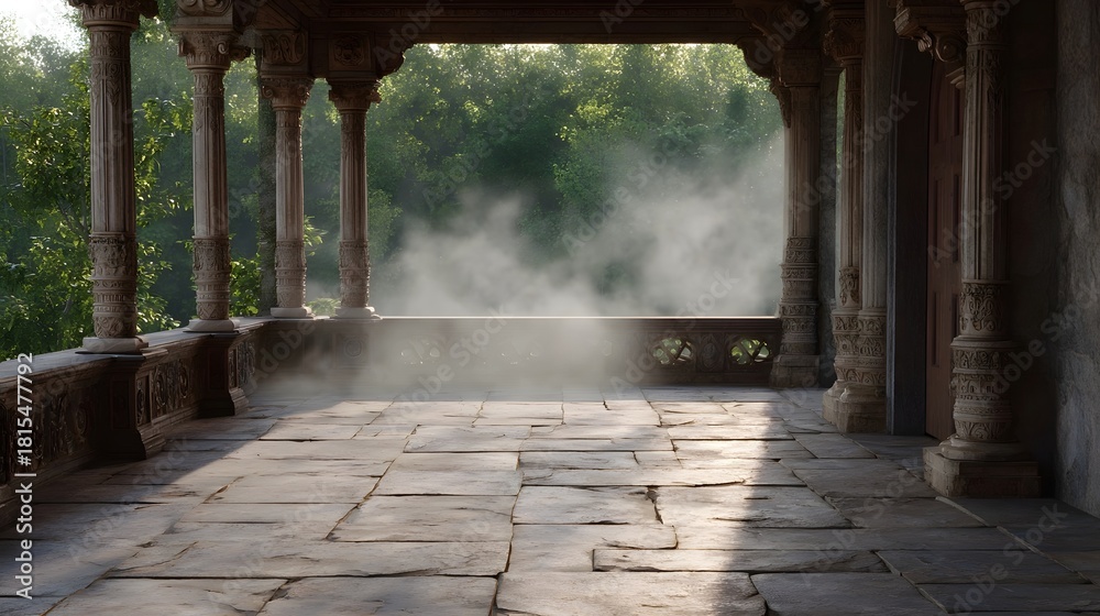 Naklejka premium An ornate stone veranda with carved columns and railings filled with swirling mist under soft daylight