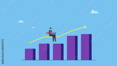 Businessman working with laptop on improvement data chart and graph. Work improvement, increase performance or growing business, make profit or earn more income, efficiency or productivity.