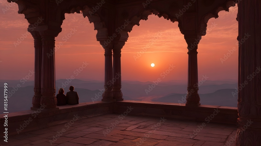 Obraz premium Couple watches a vibrant crimson sunset from an ornate stone balcony overlooking a majestic mountain landscape