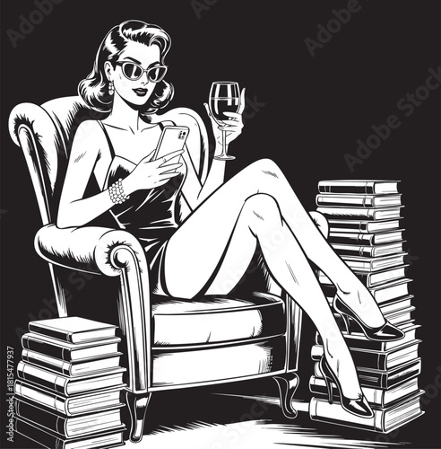 A stylish woman in vintage attire sits in an armchair, holding a drink and surrounded by stacks of books.