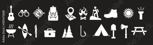camping icons set white on a black background