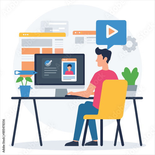 video creation, online studio, digital content, flat vector, laptop screen, presentation, content creator, digital marketing, influencer setup, video recording, tripod, ring light, microphone, softbox