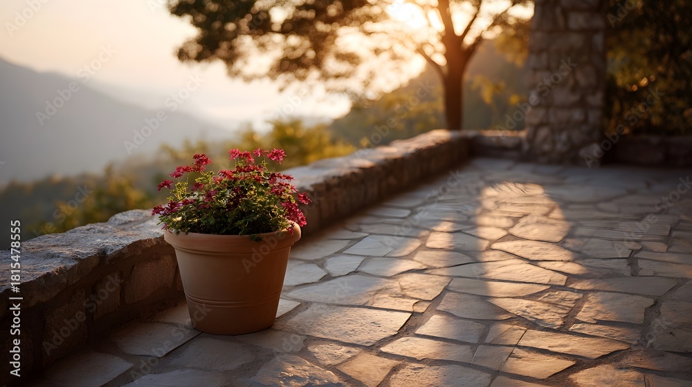 Obraz premium Scenic mountain viewpoint with blooming flowers in a pot at golden hour sunset