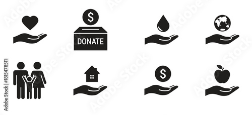 charity donation icons set black on a white background