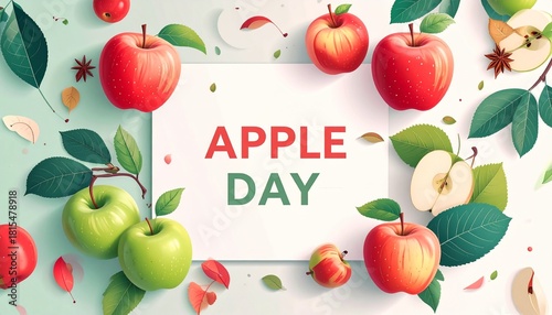 A festive arrangement of fresh, juicy red and green apples with leaves, creating a beautiful border for a seasonal celebration