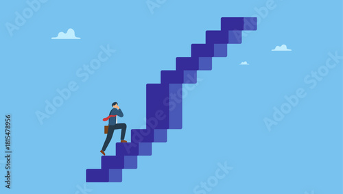 Businessman walk up stair to find huge difficult step. Challenge to overcome difficulty, obstacle or business problem, think of solution to get pass obstacle to success, failure or trouble.