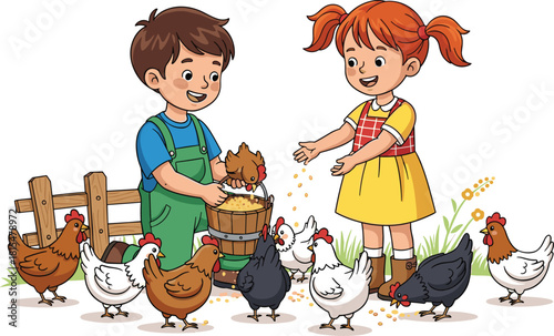 Smiling happy children boy and girl feeding chickens on the farm, doing chores and interacting joyfully with poultry and nature