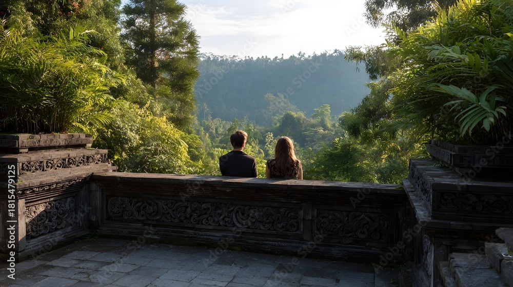 Obraz premium Couple enjoys a serene morning view of a lush green valley from an ornate stone terrace