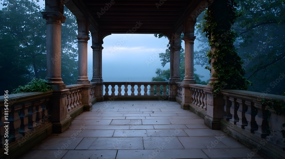 Obraz premium Serene stone veranda with ornate columns and balustrade overlooking a misty landscape at twilight