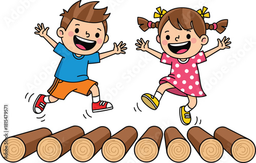 Happy active kids boy and girl jumping on wooden logs smiling and laughing joyfully during outdoor summer playtime