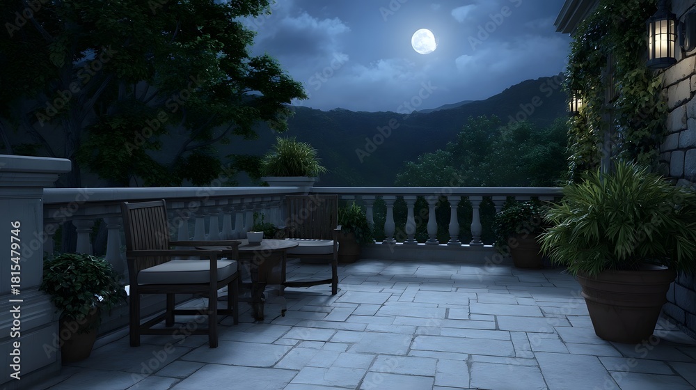 Obraz premium A serene stone patio at night offers a tranquil view of moonlit mountains and lush greenery