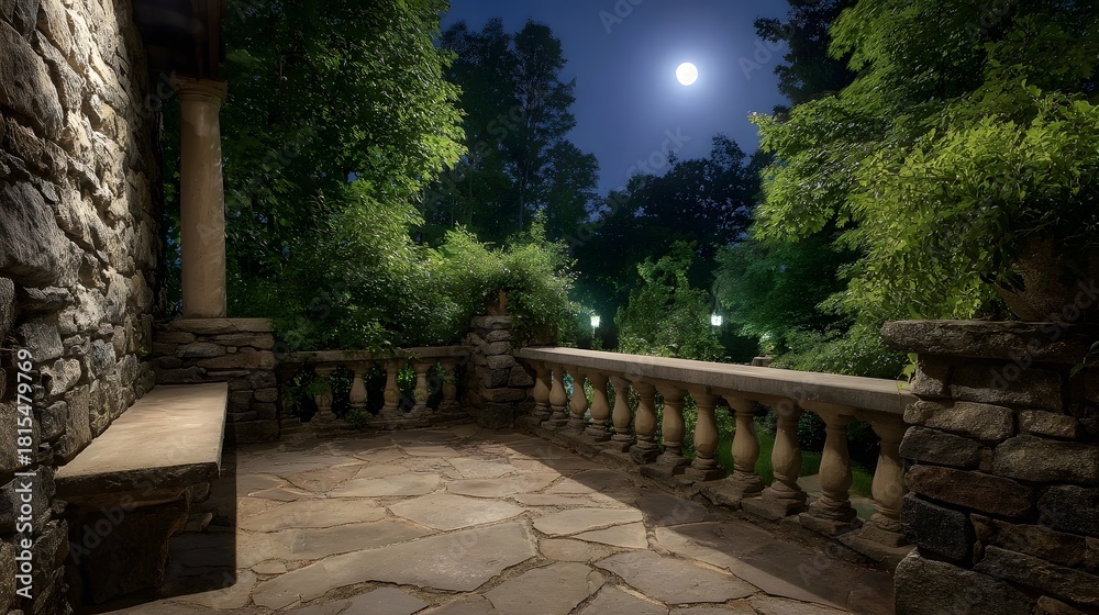Naklejka premium Serene stone patio under the moonlight with lush garden views and elegant balustrade
