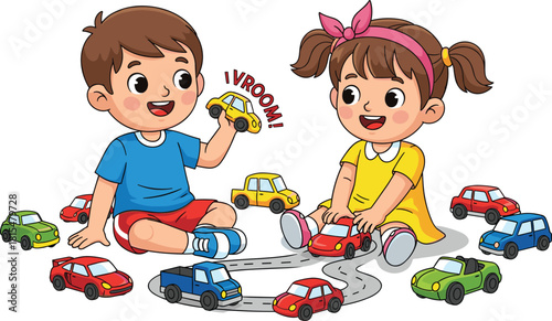 Cute cartoon children playing with colorful toy cars on floor, happy kids activity illustration, playful childhood moment scene