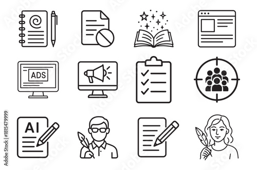 Collection of line art icons representing education writing and creative work