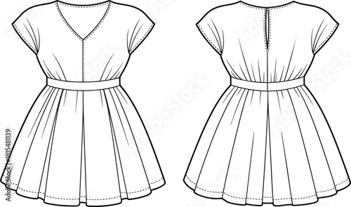 Kid's girl short sleeve dress technical flat sketch, featuring v-neck, gathered waist, flared skirt, back keyhole, front and back view, isolated vector illustration fashion template.