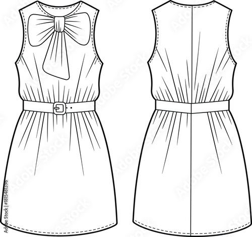 Kid's girl sleeveless dress technical flat sketch, featuring large bow tie, belted waist, gathered skirt