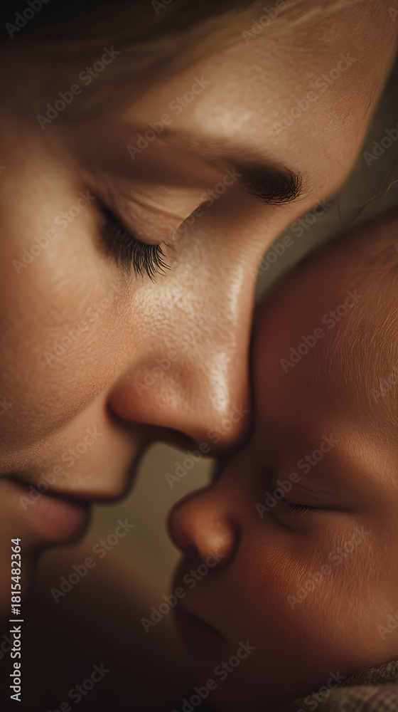 Obraz premium A Mother's Gentle Embrace: A tender moment of maternal love is captured as a mother cradles her newborn, her face pressed softly against the baby's in a gesture of profound affection and protection.