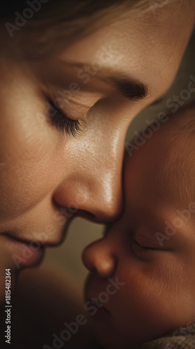 A Mother's Gentle Embrace: A tender moment of maternal love is captured as a mother cradles her newborn, her face pressed softly against the baby's in a gesture of profound affection and protection.