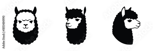 Simple graphic icon set of a cute alpaca head from front, side, and profile view, isolated on white