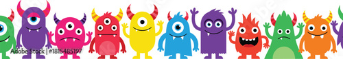 A cheerful horizontal line of cute, colorful cartoon monsters with horns, various eyes, and funny expressions, perfect for kids' party decoration or banners.
