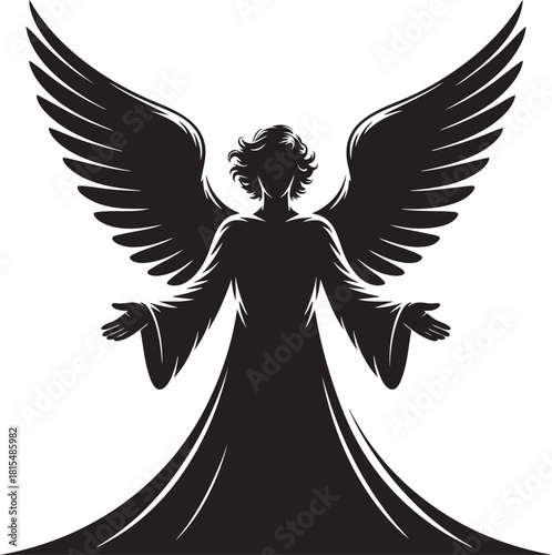 A striking black silhouette of an angel with expansive wings spread wide, arms open in a welcoming or protective gesture.