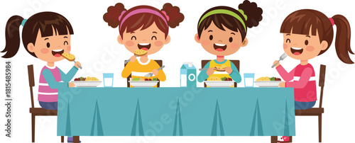 Four cheerful little girls sitting at a table with a blue cloth, happily eating a meal together and drinking milk, enjoying food and friendship during lunchtime.