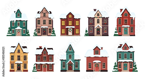 Collection of charming cartoon winter houses decorated for Christmas and snow-covered.