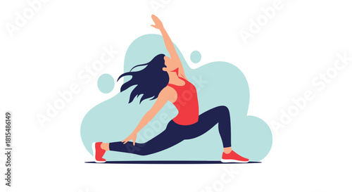 Woman in athletic wear performing a yoga pose on a light blue abstract background.