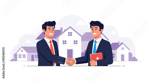 Two businessmen in suits shaking hands in front of houses, symbolizing a deal or partnership.