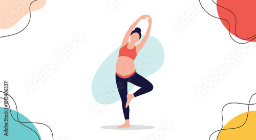 Pregnant woman in sportswear practicing yoga, balancing on one leg with arms raised.