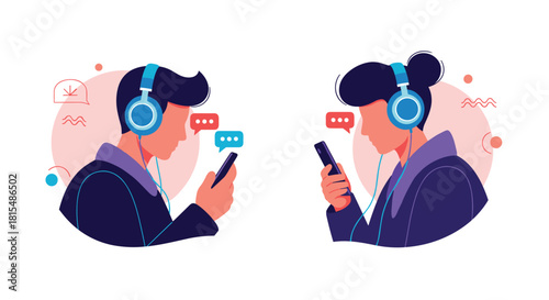 Two people wearing headphones and looking at their smartphones with chat bubbles indicating communication.