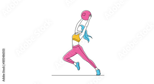 Woman in athletic wear practicing with a medicine ball in a dynamic pose.