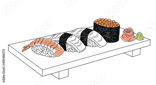 Illustration of assorted sushi nigiri, ikura gunkan, pickled ginger, and wasabi on a wooden platter.