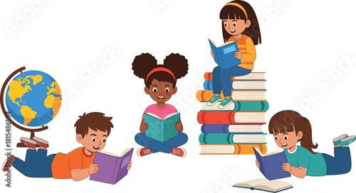 Happy diverse children reading books, sitting and lying on the floor, surrounded by a stack of books and a globe, enjoying education and learning.