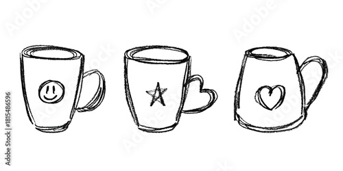 Set of cute hand drawn cup of tea or coffee Simple mug clipart Cozy home doodle Single element for design