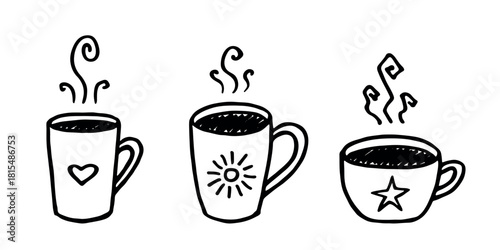 Set of cup of tea or coffee with rising steam Simple mug clipart Cozy home doodle Single element for print, web, design, decor