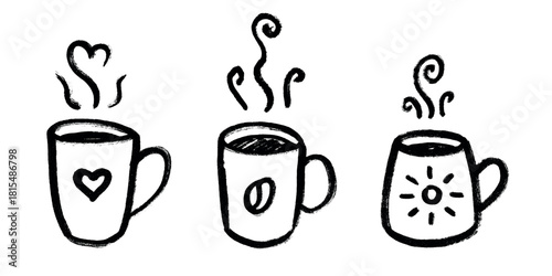 Set of cup of tea or coffee with rising steam Simple mug clipart Cozy home doodle Single element for print, web, design, decor