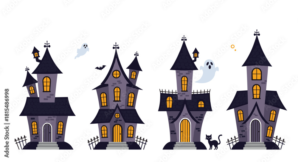 custom made wallpaper toronto digitalSpooky Halloween haunted houses with ghosts, bats, and a black cat illustration.