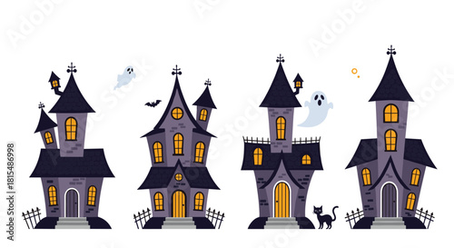 Spooky Halloween haunted houses with ghosts, bats, and a black cat illustration.