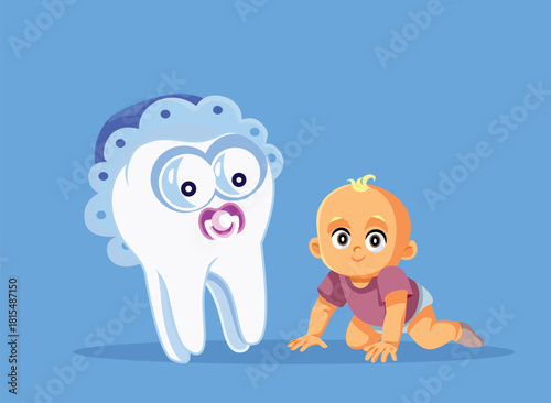 Infant and Baby Tooth with Pacifier Vector Concept Illustration. Cute and adorable infant growing primary teeth 
