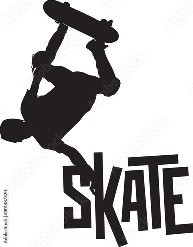 A black silhouette of a skateboarder mid-air, performing a trick above the word Skate, on a white background.
