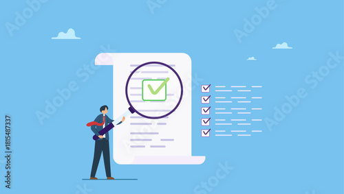 Businessman with magnifier inspect document. Inspect or review document, report or legal audit, quality assurance, search for document, information or research, investigate, proof or checking.