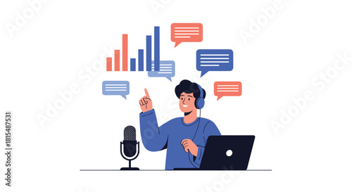 Young man with headphones and microphone recording a podcast or podcast in front of a laptop.