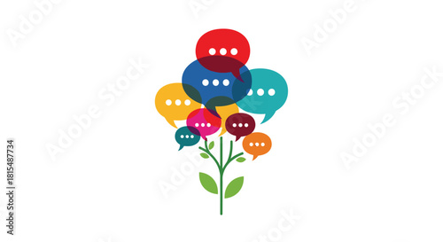 Abstract illustration of colorful speech bubbles growing from a plant stem like flowers.
