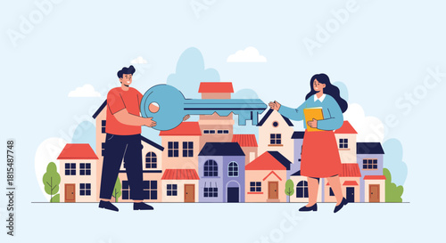 Man hands a large key to a woman in front of a row of colorful houses.