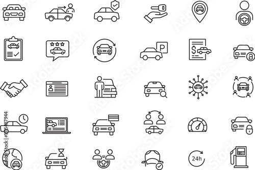 Carsharing Service Icons Collection Car Rental Ride Share Auto Dealership Automotive Transport Mobile App Line Art