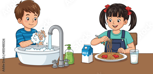 A boy washes his hands with soap and water before a meal, while a girl happily eats spaghetti and milk, demonstrating good hygiene and healthy eating habits.